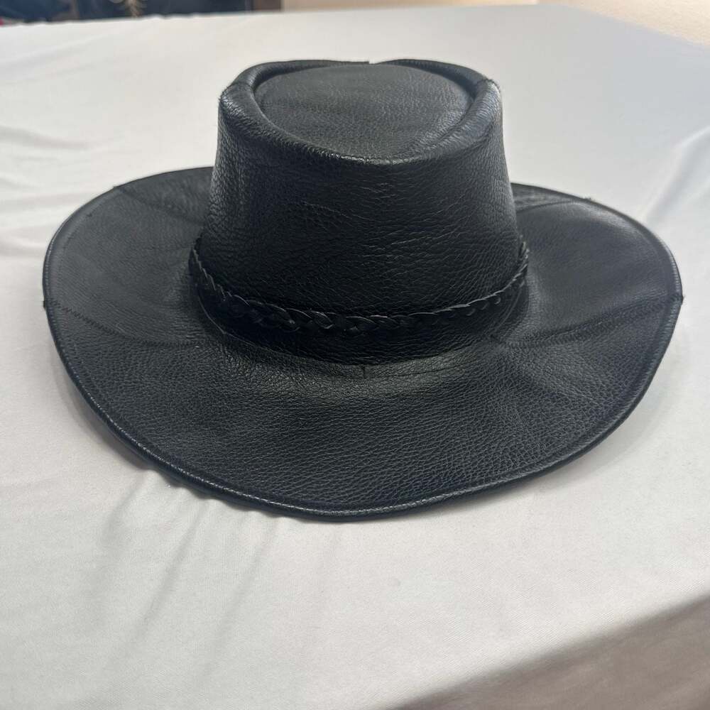 Black Leather Cowboy Hat Braided Band With Tassels Size Large Made In Mexico